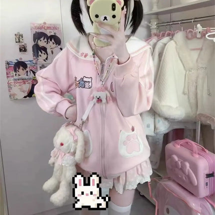 Japanese Cartoon Embroidery Women Hoddies Preppy Style Sailor Collar Autumn Hoody Jacket Y2k Aesthetic Grunge Pocket Sweatshirt