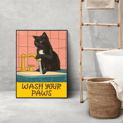 Cute Wash Paws Cat Canvas Print Kawaii WashRoom Bathroom Nursery Wall Art Poster for Modern Living Room Bedroom Home Decor