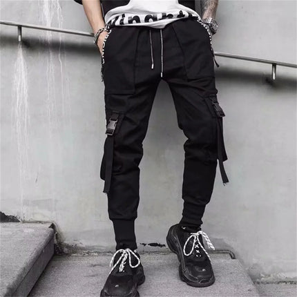 Men's Cargo Pants Hip Hop Hit Color Multiple Pockets Trousers Streetwear Ribbons Techwear Sweatpants Summer High Street Pants