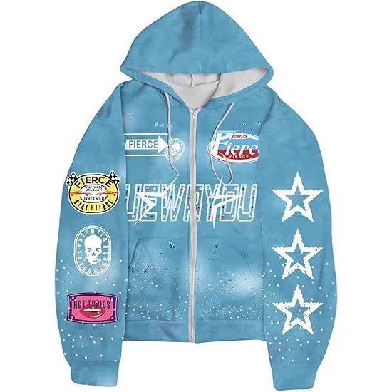 Men's Full-Printed Hooded Zipper Sweatshirt with Star Letters - Loose and Casual Cardigan