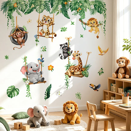 Jungle Animals Wall Stickers for Kids Room, Safari Monkey Giraffe Elephant Lion Wall Decals, Peel and Stick Nursery Wall Decor