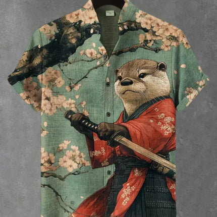 Men's Samurai Hawaiian Shirt Casual Short Sleeve Top Loose Clothing Fashion Retro Summer Shirt