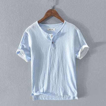 Loose Oversized Cotton Linen Short-sleeved Men's T-shirt with Buckled Collar, Half-open Shirt, Korean Fashion Men's Clothing 2020 New