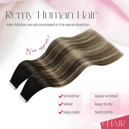 Moresoo Tape in Human Hair Extensions Brazilian Straight Remy Hair Extension Natural Invisible Seamless Tape ins 100% Real Hair