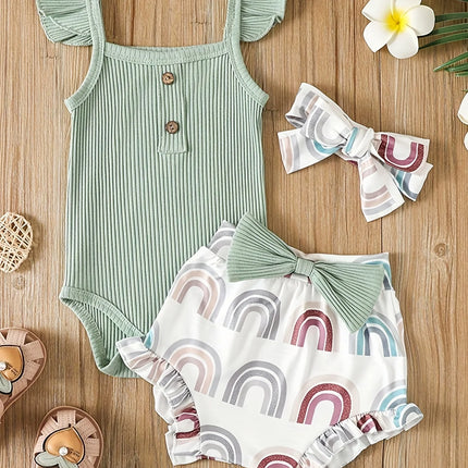 Summer Newborn Baby Girl Clothes Set  Sleeveless  Bodysuit  Printed Shorts  3pcs Clothing Suit Baby Girl Clothes