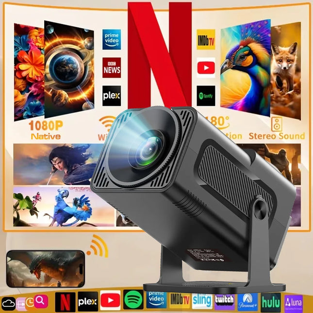 HY320 Mini Projector | 4K Android 13 Projector Native 720P 390 ANSI Lumens Dual Wi-Fi 6 BT 5.0 1920*720P Portable Cinema Proje