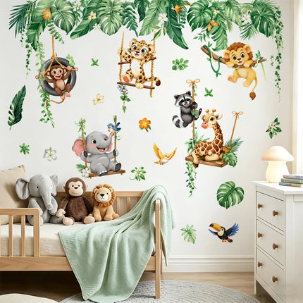 Jungle Animals Wall Stickers for Kids Room, Safari Monkey Giraffe Elephant Lion Wall Decals, Peel and Stick Nursery Wall Decor