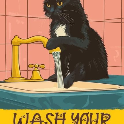 Cute Wash Paws Cat Canvas Print Kawaii WashRoom Bathroom Nursery Wall Art Poster for Modern Living Room Bedroom Home Decor