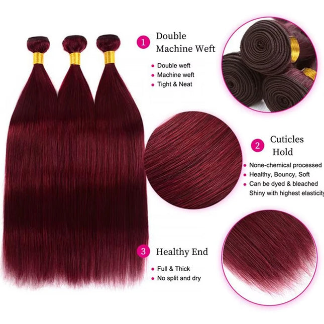 Straight Human Hair Bundles Wine Red Color 99J Burgundy Straight Brazilian Remy Virgin Human Hair Quick Weave Bundles Extensions