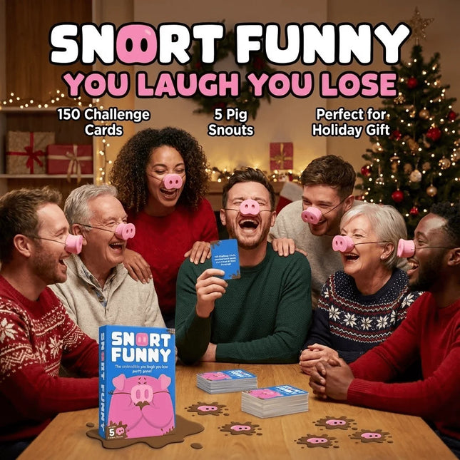 Snort Funny Party Game – The Hilarious You Laugh You Lose Card Game with 150 Challenge Cards, 5 Pig Snouts & 60 Mud Tokens for Family & Friends Game Night