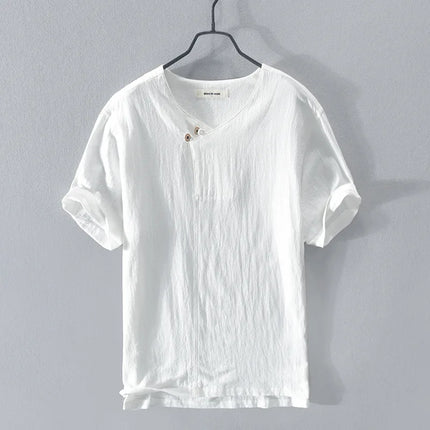Loose Oversized Cotton Linen Short-sleeved Men's T-shirt Collar Buckle Half-open Shirt Korean Fashion Men Clothing New 2020