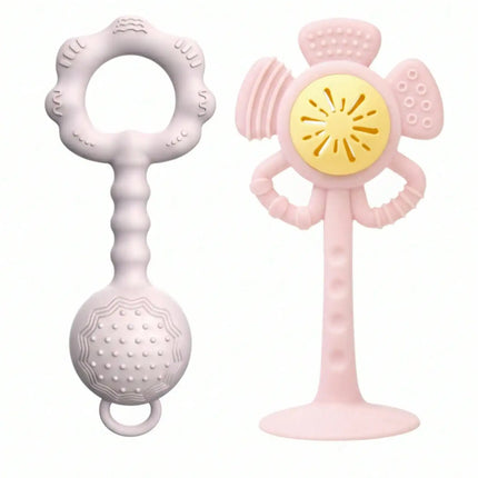 Silicone Baby Rattle and Teether Toy Set with Suction Cup Base Flower Shaker Infant Grasping Toy Food Grade BPA Free