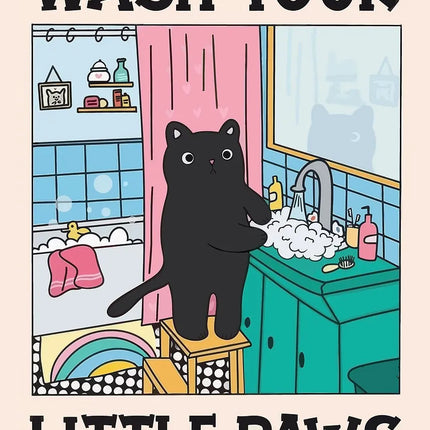 Cute Wash Paws Cat Canvas Print Kawaii WashRoom Bathroom Nursery Wall Art Poster for Modern Living Room Bedroom Home Decor