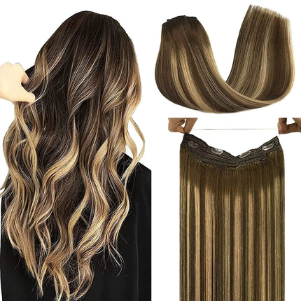 Sunmofavo Invisible Wire Remy Human Hair Extensions Brown Ombre Straight Seamless Fish Line Daily Wear Volume Boost Soft Silky