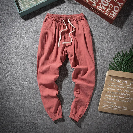 Cotton Linen Harem Pants Men Solid Elastic Waist Streetwear Joggers 2022 New Baggy Drop-crotch Pants Casual Trousers Men Running