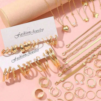 58PCS Set Maximum Mix Gold Plated Metal Jewelry Set Necklace Hoop Earrings Rings Bracelets for Women Accessories No Box Included