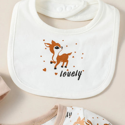 4PCS Baby unisex Long Sleeve Round Neck Animal Print With Button Casual  Jumpsuit +Bib+Hat+Gloves