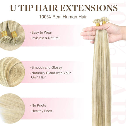 U Tip Hair Extensions 100% Human Hair Nail Tip Hot Fusion Italian Keratin Hair Extensions 50 Strands Highlight Blond Color