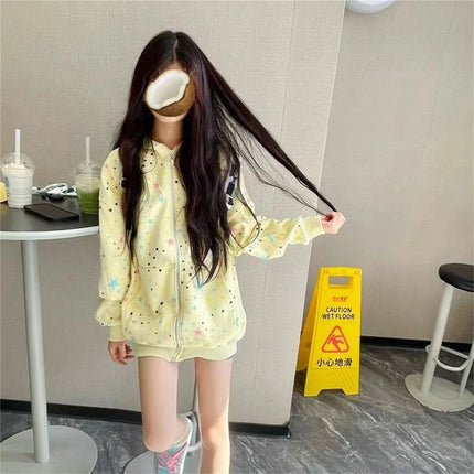 Ins Fashion Women's Full Print Star Zipper Hoodie Sweatshirt Japanese Streetwear Casual Long Sleeve Pullover for Autumn Winter
