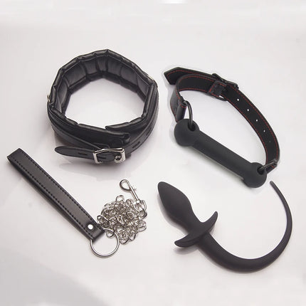 BDSM Mouth Gag Puppy Play,Leather Padded Save Collars,Silicone Anal Plug Tail Petplay,Bondage Set,Sex Toys for Couple,Adult Game