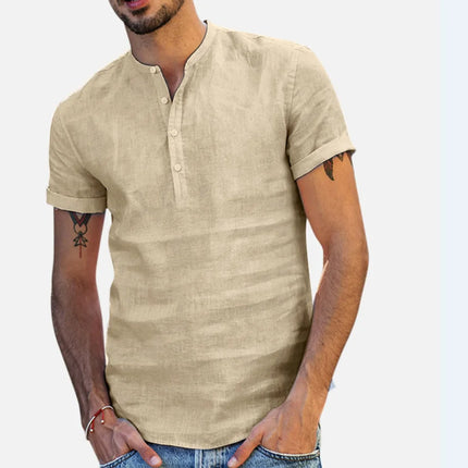 Loose Oversized Cotton Linen Short-sleeved Men's T-shirt with Buckled Collar, Half-open Shirt, Korean Fashion Men's Clothing 2020 New