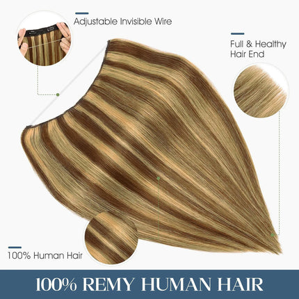 Halo Hair Extensions Real Human Hair Invisible Wire Hair Extensions for Women Adjustable Wire Secret With Clips in Human Hair