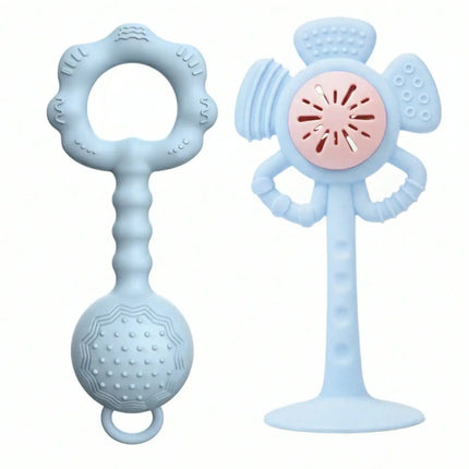 Silicone Baby Rattle and Teether Toy Set with Suction Cup Base Flower Shaker Infant Grasping Toy Food Grade BPA Free