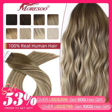 Moresoo Blonde Tape in Hair Extensions Human Hair Natural Straight Seamless Invisible Tape Remy Brazilian Hair for Beauty