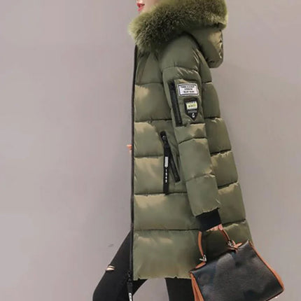 Women Winter Fur Collar Hooded Parka Fashion Letter Patch Zipper Pockets Design Long Jacket Elegant Slim Warm Thick Female Coats