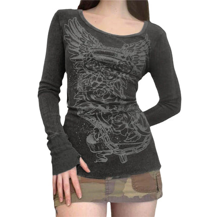 Xingqing 2000s Graphic T Shirt Vintage Fairy Grunge Floral Wings Print Long Sleeve Tops y2k Women Clothes Basic Harajuku Tee