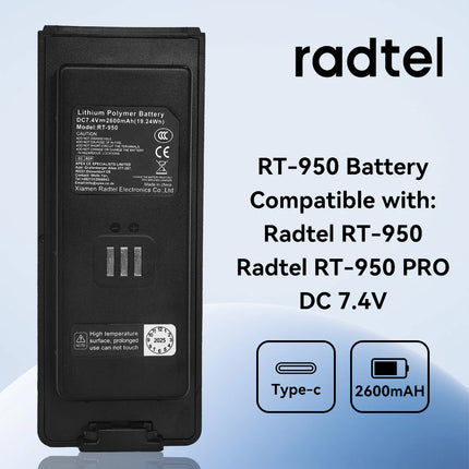 Walkie Talkie Li-ion Battery Pack 2600mAh for Radtel RT-950 RT-950Pro Two Way Ham Radio