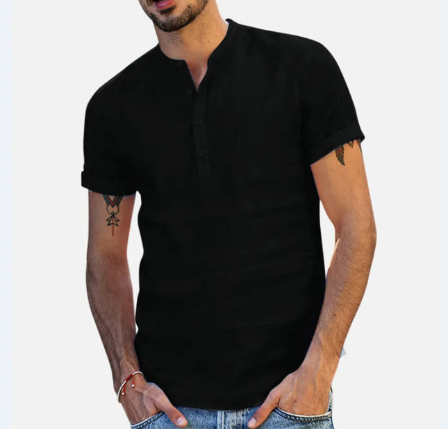 Loose Oversized Cotton Linen Short-sleeved Men's T-shirt Collar Buckle Half-open Shirt Korean Fashion Men Clothing New 2020