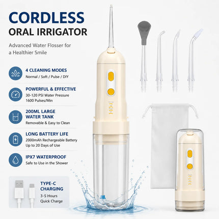 Portable Cordless Oral Irrigator Water Flosser 200ml Water Tank 4 Modes IPX7 Waterproof USB-C Rechargeable With Tongue Cleaning
