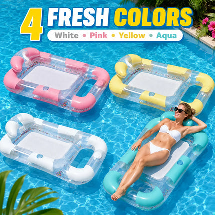 Inflatable Double Pool Float, Transparent Water Hammock Lounge Raft with Mesh Bed Cup Holder, Confetti Floating Lounger Summer