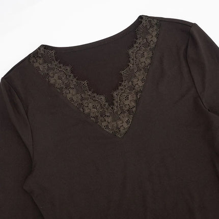 Women's Solid Lace Splicing Tee Soft Slim V-Neck Sexy Long Sleeve T-shirts Commuting Fashionable Casual Spring Autumn Simple Tops