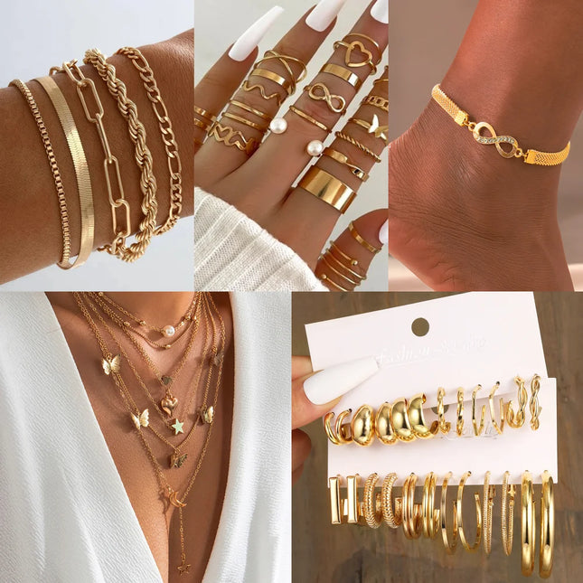58PCS Set Maximum Mix Gold Plated Metal Jewelry Set Necklace Hoop Earrings Rings Bracelets for Women Accessories No Box Included