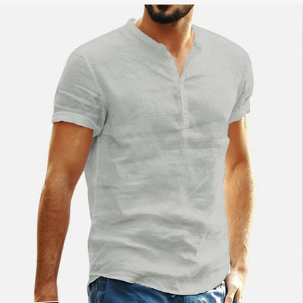 Loose Oversized Cotton Linen Short-sleeved Men's T-shirt with Buckled Collar, Half-open Shirt, Korean Fashion Men's Clothing 2020 New