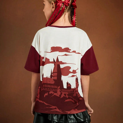 HARRY POTTER Tween Girl Owl Castle Pattern Print Loose Fit Short Sleeve T-shirts Children's Summer Casual Sports Round Neck Tops