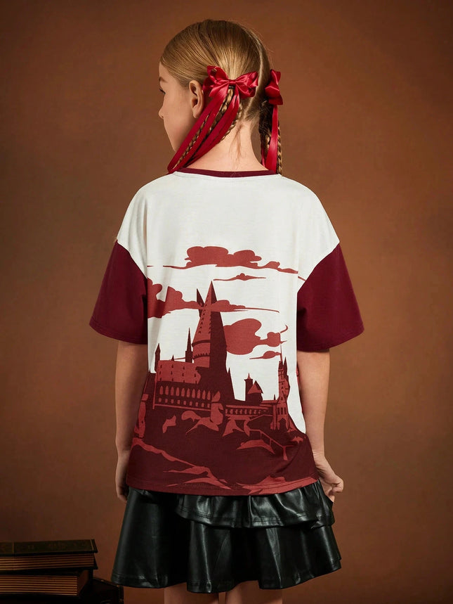 HARRY POTTER Tween Girl Owl Castle Pattern Print Loose Fit Short Sleeve T-shirts Children's Summer Casual Sports Round Neck Tops