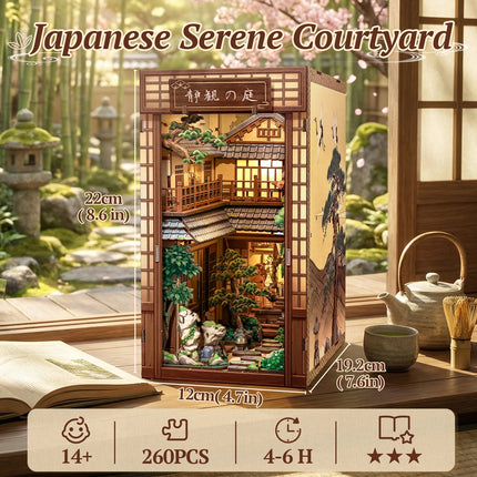 CUTEBEE Book Nook Kit Wooden Doll House 3D Puzzle DIY Miniature House Model with LED Light for Japanese Serene Courtyard