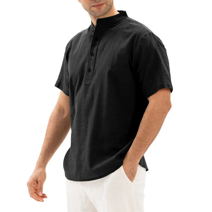 Loose Oversized Cotton Linen Short-sleeved Men's T-shirt Collar Buckle Half-open Shirt Korean Fashion Men Clothing New 2020