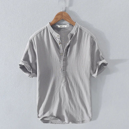Loose Oversized Cotton Linen Short-sleeved Men's T-shirt with Buckled Collar, Half-open Shirt, Korean Fashion Men's Clothing 2020 New