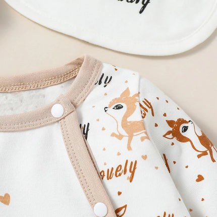 4PCS Baby unisex Long Sleeve Round Neck Animal Print With Button Casual  Jumpsuit +Bib+Hat+Gloves