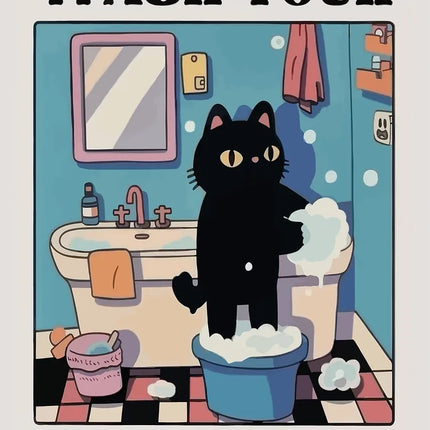 Cute Wash Paws Cat Canvas Print Kawaii WashRoom Bathroom Nursery Wall Art Poster for Modern Living Room Bedroom Home Decor