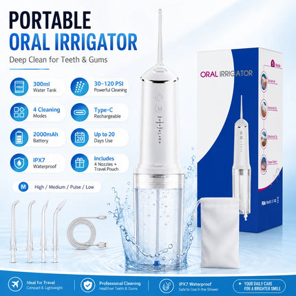 Portable Water Flosser Cordless Oral Irrigator 300ml IPX7 Waterproof USB-C Rechargeable Cleaner For Teeth Braces Travel Family