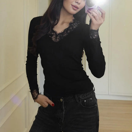Women's Solid Lace Splicing Tee Soft Slim V-Neck Sexy Long Sleeve T-shirts Commuting Fashionable Casual Spring Autumn Simple Tops