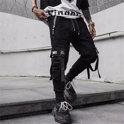 Men's Cargo Pants Hip Hop Hit Color Multiple Pockets Trousers Streetwear Ribbons Techwear Sweatpants Summer High Street Pants