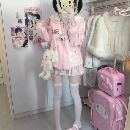 Japanese Cartoon Embroidery Women Hoddies Preppy Style Sailor Collar Autumn Hoody Jacket Y2k Aesthetic Grunge Pocket Sweatshirt