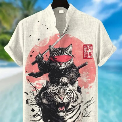 Men's Samurai Hawaiian Shirt Casual Short Sleeve Top Loose Clothing Fashion Retro Summer Shirt