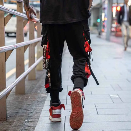Men's Cargo Pants Hip Hop Hit Color Multiple Pockets Trousers Streetwear Ribbons Techwear Sweatpants Summer High Street Pants